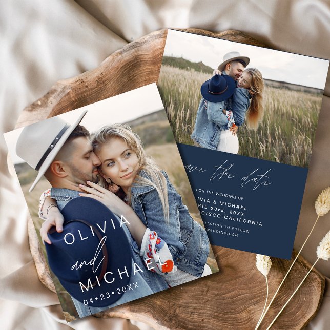Budget Navy Blue Typografy Save the Date Foto Flyer (Von Creator hochgeladen)