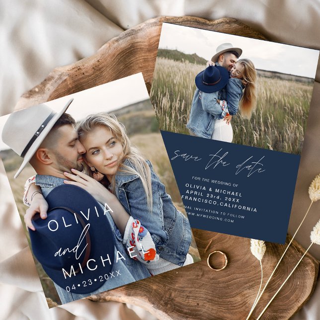 Budget Navy Blue Typografy Save the Date Foto Flyer (Von Creator hochgeladen)