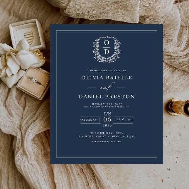Budget Navy Blue Wappen Monogram Elegant Wedding (Von Creator hochgeladen)
