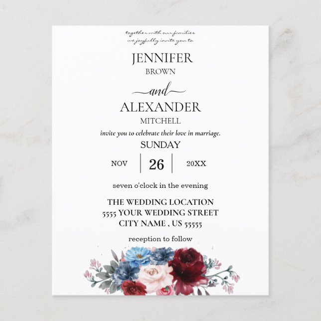 Budget Navy Blue , White & Burgund Blumenhochzeit Flyer (Vorne)