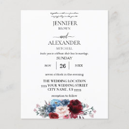 Budget Navy Blue , White & Burgund Blumenhochzeit Flyer