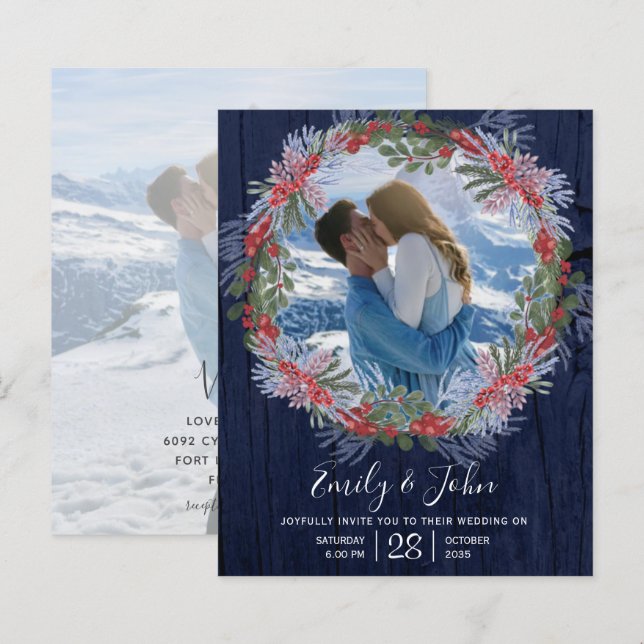 Budget Navy Blue Winter Floral Wedding Einladung (Vorne/Hinten)