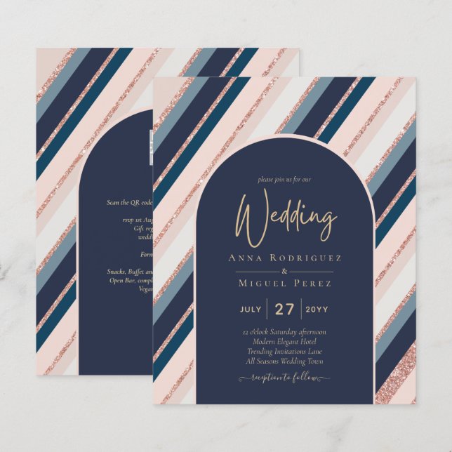 BUDGET Navy Blush Pink Rose Gold Hochzeit INVITE (Vorne/Hinten)