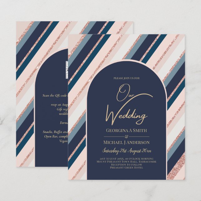 BUDGET Navy Blush Pink Rose Gold Hochzeit INVITE (Vorne/Hinten)