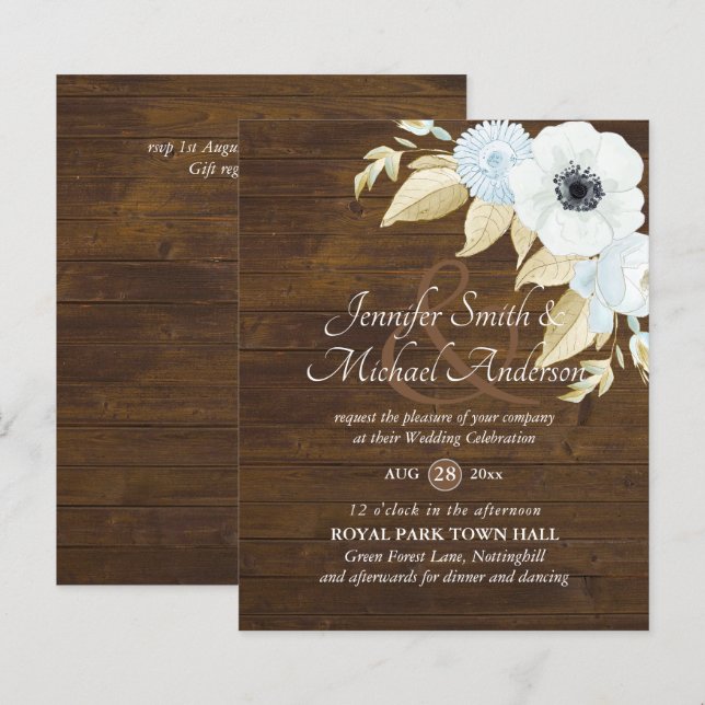 Budget Navy Bue White Anemone Hochzeitseinladungen (Vorne/Hinten)