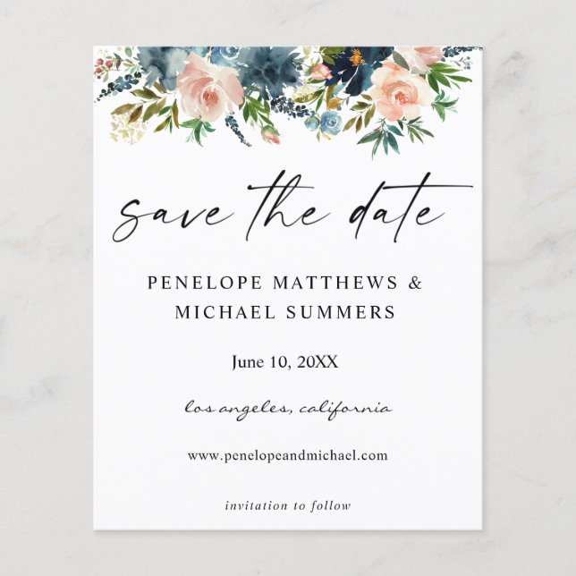 Budget Navy D Blue & Pink Floral Save the Date V2 Flyer (Vorne)