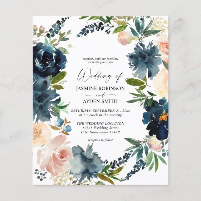 Budget Navy Dusty Blue & Pink Blush 2 Hochzeit Flyer (Vorne)