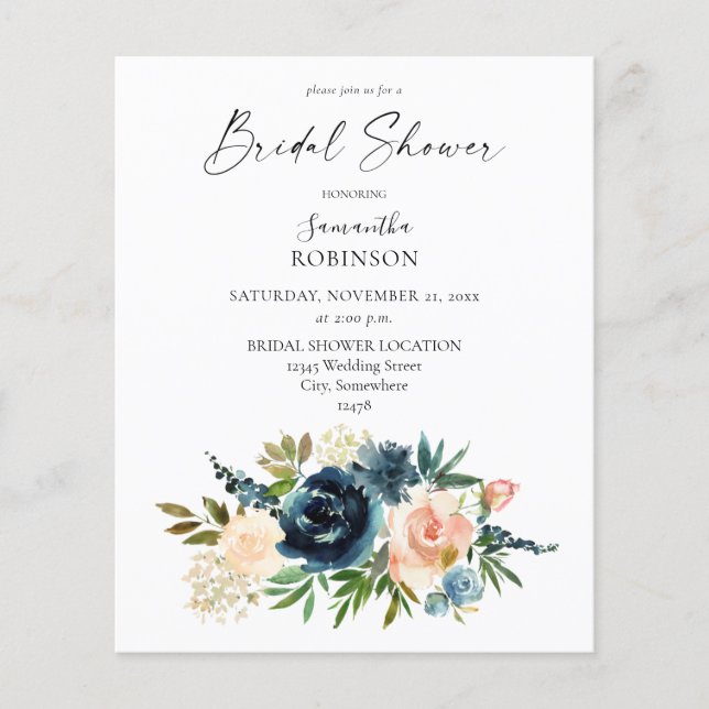 Budget Navy, Dusty Blue, Pink Floral Brautparty Flyer (Vorne)