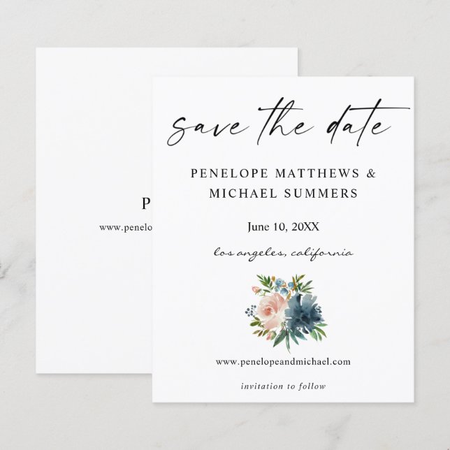 Budget Navy Dusty Blue & Pink Floral Save the Date (Vorne/Hinten)