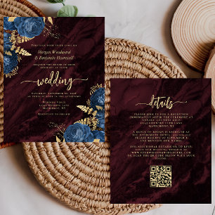 Budget Navy Gold Blumen Burgund QR Code Hochzeit