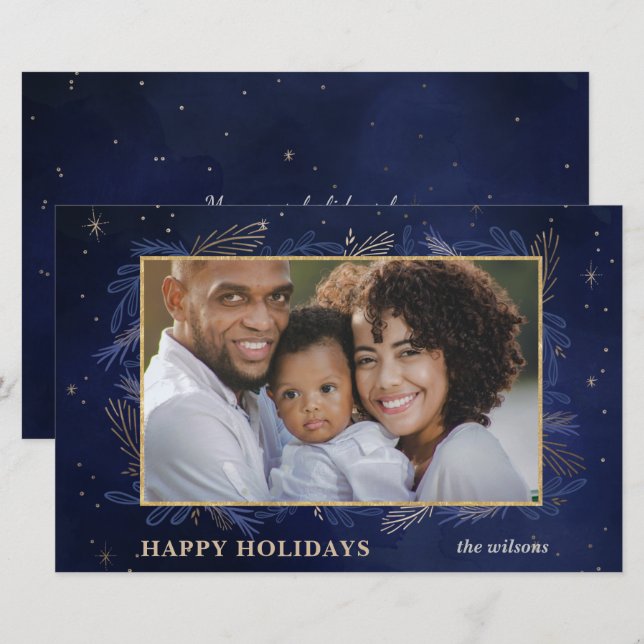 Budget Navy Gold Botanische Foto Holiday Card (Vorne/Hinten)