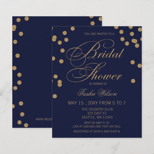 Budget Navy Gold Confetti Bridal Dusche Einladung (Vorne/Hinten)