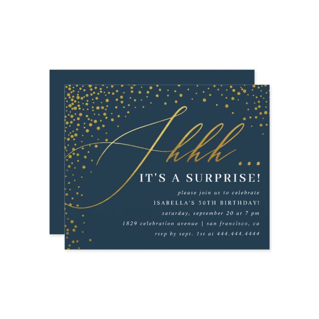 Budget Navy & Gold Confetti Skript Überraschung Pa (Vorderseite/Rückseite Beispiel)