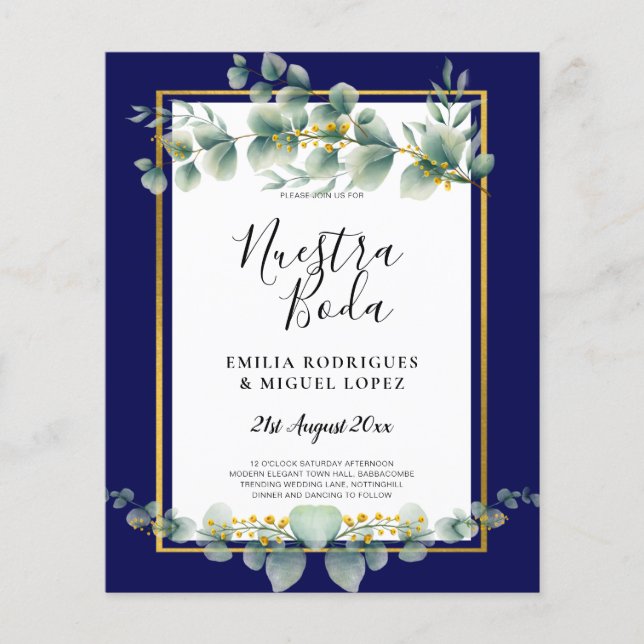BUDGET NAVY GOLD Eucalyptus Wedding Einladung QR C Flyer (Vorne)