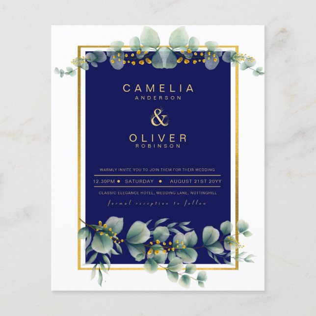 BUDGET NAVY GOLD Eucalyptus Wedding Einladung QR C Flyer (Vorne)