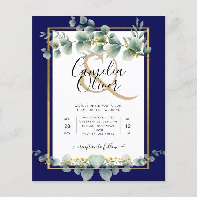 BUDGET NAVY GOLD Eucalyptus Wedding Einladung QR C Flyer (Vorne)