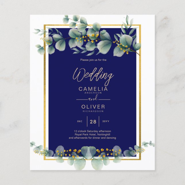 BUDGET NAVY GOLD Eucalyptus Wedding Einladung QR C Flyer (Vorne)
