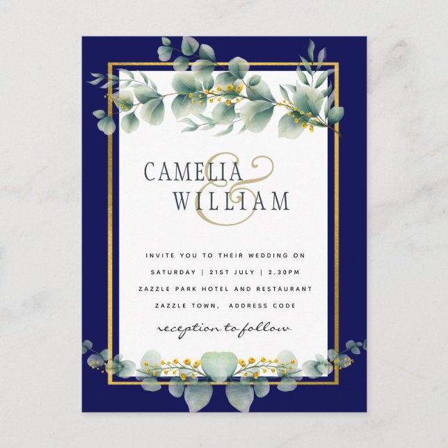 BUDGET NAVY GOLD Eucalyptus Wedding Einladung QR C Postkarte (Vorderseite)