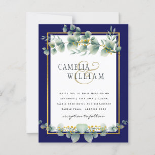 BUDGET NAVY GOLD Eucalyptus Wedding Einladung QR C Postkarte