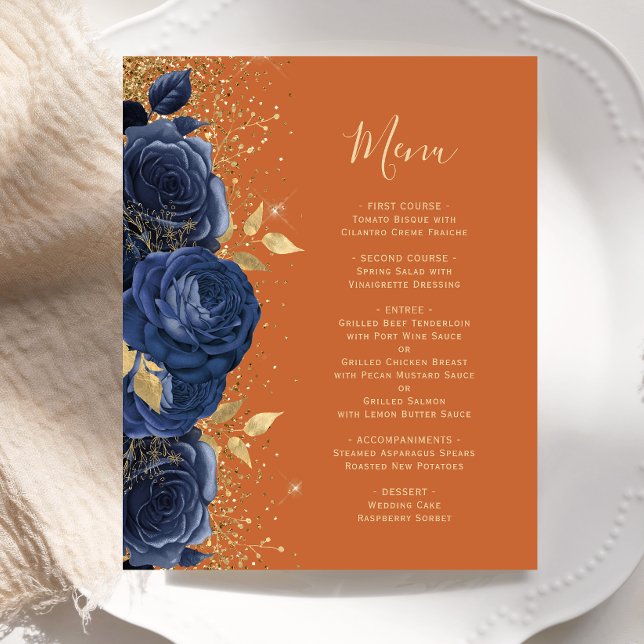 Budget Navy Gold Floral Burnt Orange Wedding Menü (Von Creator hochgeladen)