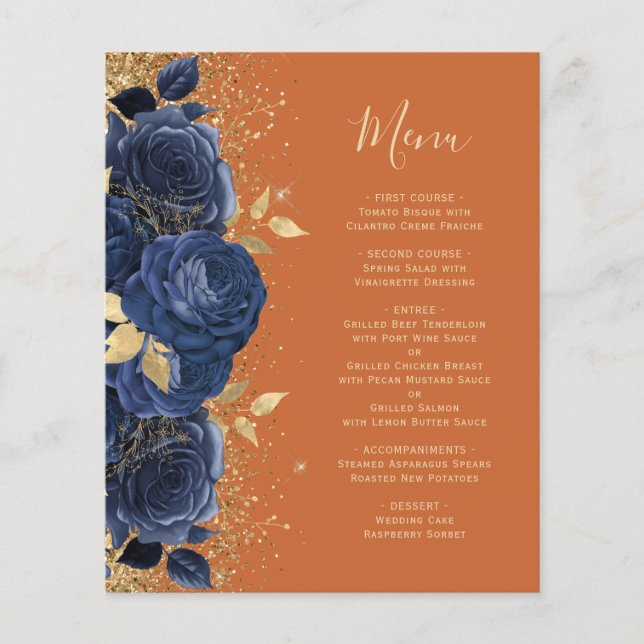 Budget Navy Gold Floral Burnt Orange Wedding Menü (Vorderseite)