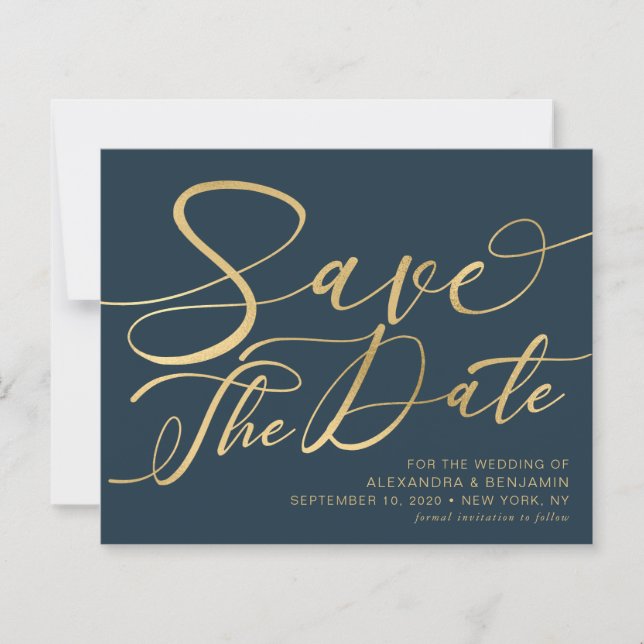 Budget Navy & Gold Hochzeit retten Datum (Vorderseite)