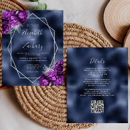 Budget Navy Lila Silver Floral QR Code Hochzeit