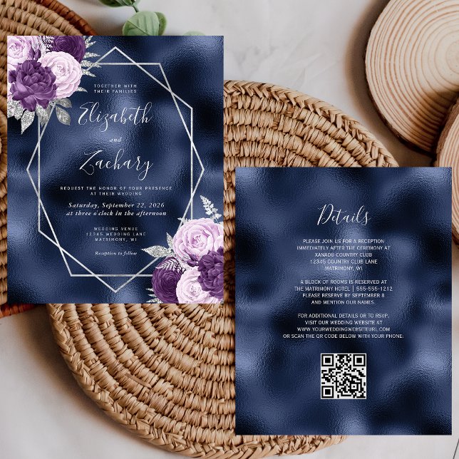 Budget Navy Lilac Silver Floral QR Code Hochzeit (Von Creator hochgeladen)