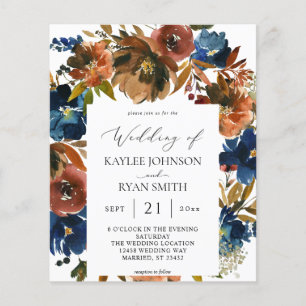 Budget Navy, Orange & Braune Blumen 2 Hochzeit Flyer
