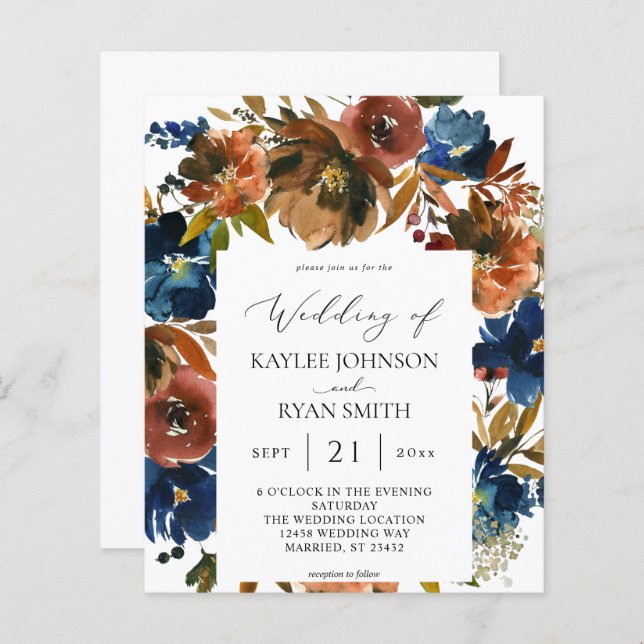 Budget Navy, Orange & Brown Floral 2 Hochzeitspapi (Vorne/Hinten)