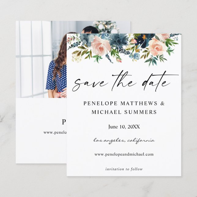 Budget Navy & Pink Floral Save the Date V2 Foto (Vorne/Hinten)