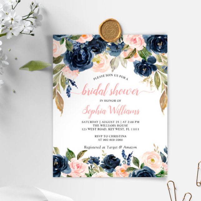 Budget Navy & Pink Roses Bridal Dusche Einladung (Von Creator hochgeladen)
