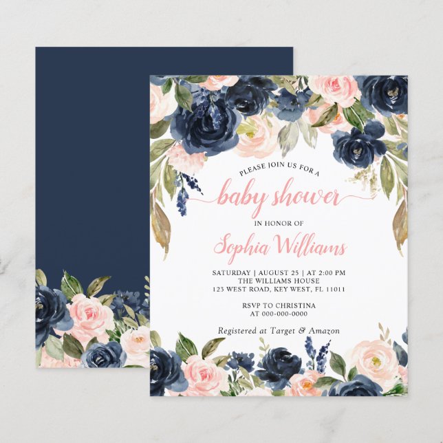 Budget Navy & Pink Roses Kinderdusche Einladung (Vorne/Hinten)