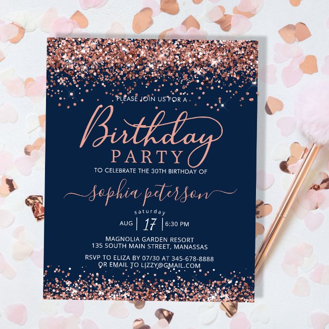 Budget Navy Rose Gold Glitzer Geburtstag Einladung (Von Creator hochgeladen)