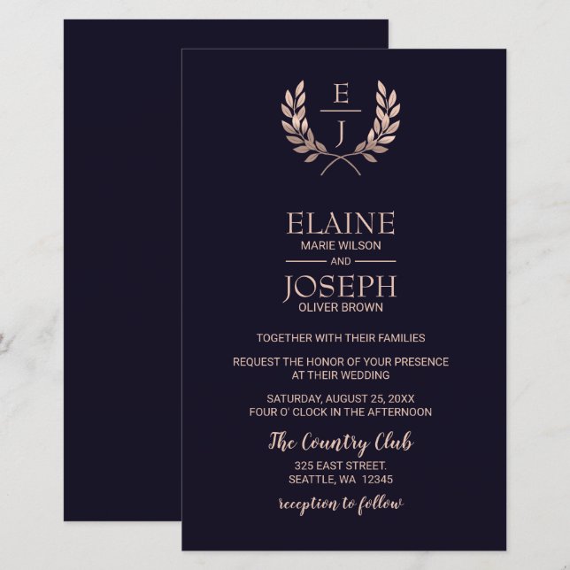 Budget Navy Rose Gold Monogram Wedding Einladungen (Vorne/Hinten)