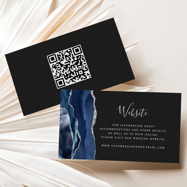Budget Navy Silver Agate Dark Wedding QR Code Begleitkarte (Von Creator hochgeladen)