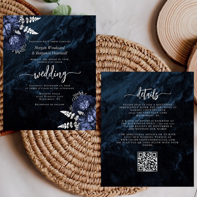 Budget Navy Silver Floral QR Code Wedding Invite (Von Creator hochgeladen)