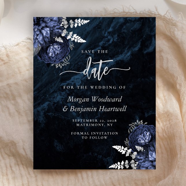 Budget Navy Silver Floral Wedding Save the Date (Von Creator hochgeladen)