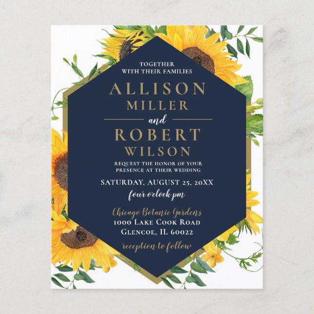 Budget Navy Sonnenblumen Rustikale Hochzeit Einlad (Vorderseite)