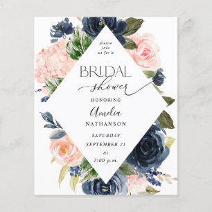 Budget Navyblaue und rosafarbene florale Brautpart Flyer