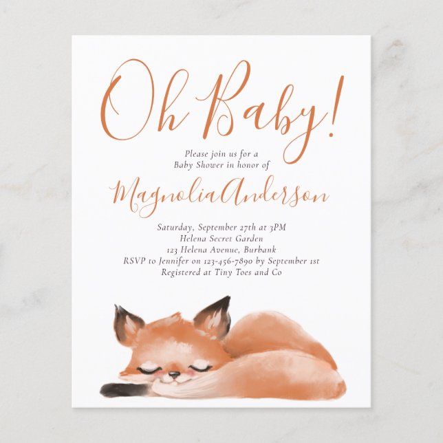 BUDGET Niedlich Fox Oh Baby Dusche Einladung (Vorderseite)