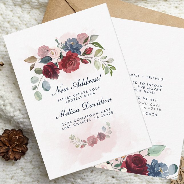 Budget Nouvelle adresse Floral Moving Faire-part (Modern Floral Burgundy Change of Address Moving Announcement Card)