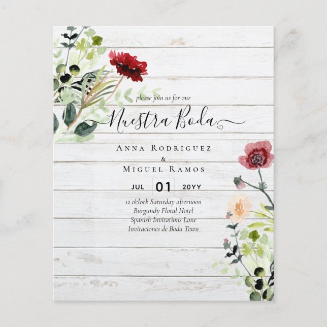 Budget Nuestra BODA Burgundy Wildblumen lädt ein Flyer (Vorne)