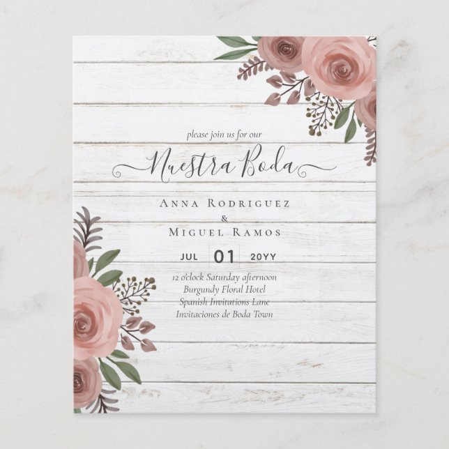 Budget Nuestra BODA Einladungen Burgundy Floral (Vorderseite)