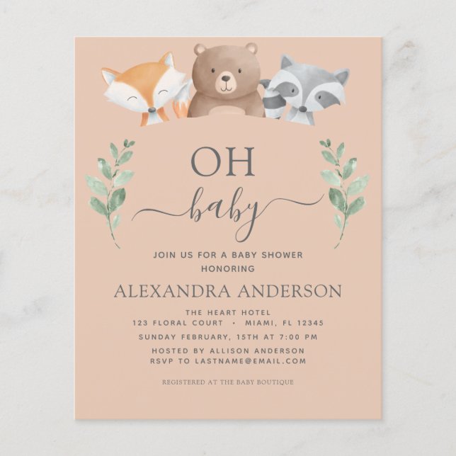 Budget Oh Baby Duwer Woodland Einladungen (Vorderseite)