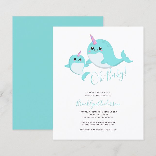 Budget Oh Baby Narwhal Baby Dusche Einladung (Vorne/Hinten)