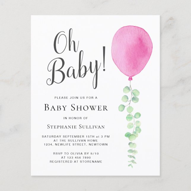 Budget Oh Baby Pink Balloon Babydusche Einladung (Vorderseite)