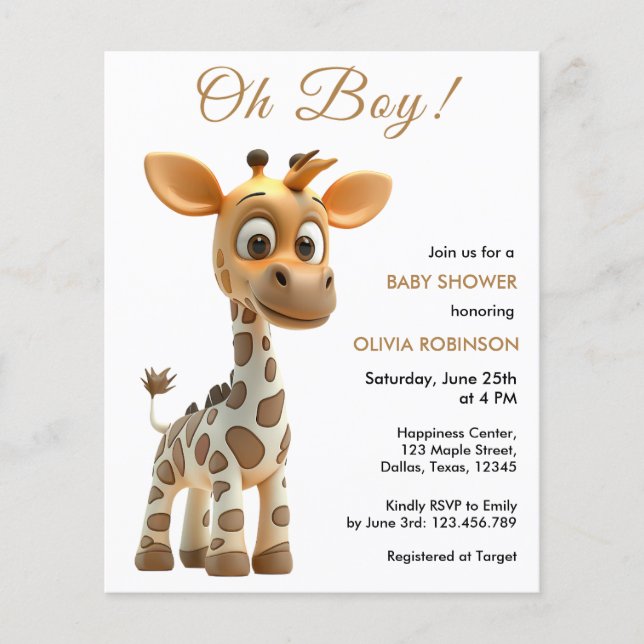 Budget Oh Boy Baby Giraffe Kinderdusche Einladung Flyer (Vorne)