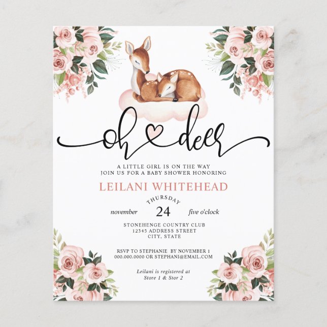 Budget Oh Deer Watercolor Kinderdusche Einladung (Vorderseite)