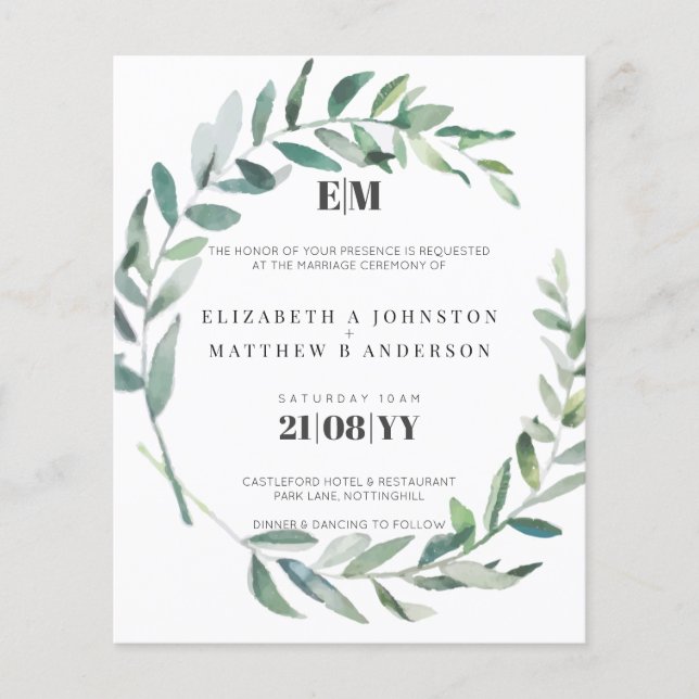 Budget Olive Blätter Typografie Wedding Einladunge (Vorderseite)